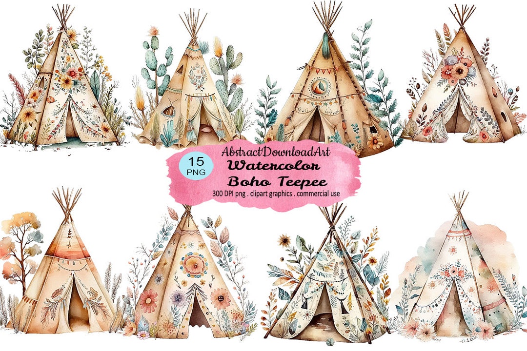 Watercolor Boho Teepee Clipart, Earthtones Boho Tent Digital Watercolor