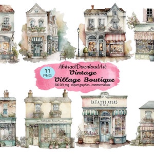 Vintage Village Boutique clipart - adorable shop cute store digital watercolor png format instant download graphics for commercial use