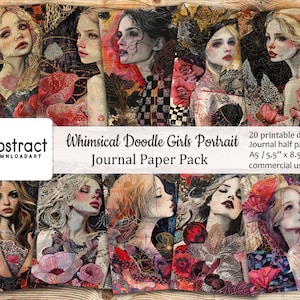 Retrato de meninas com rabiscos caprichosos, mídia mista, diário de lixo para impressão, meio papel, kit digital de scrapbook, artesanato, cartões, página de livro, plano de fundo