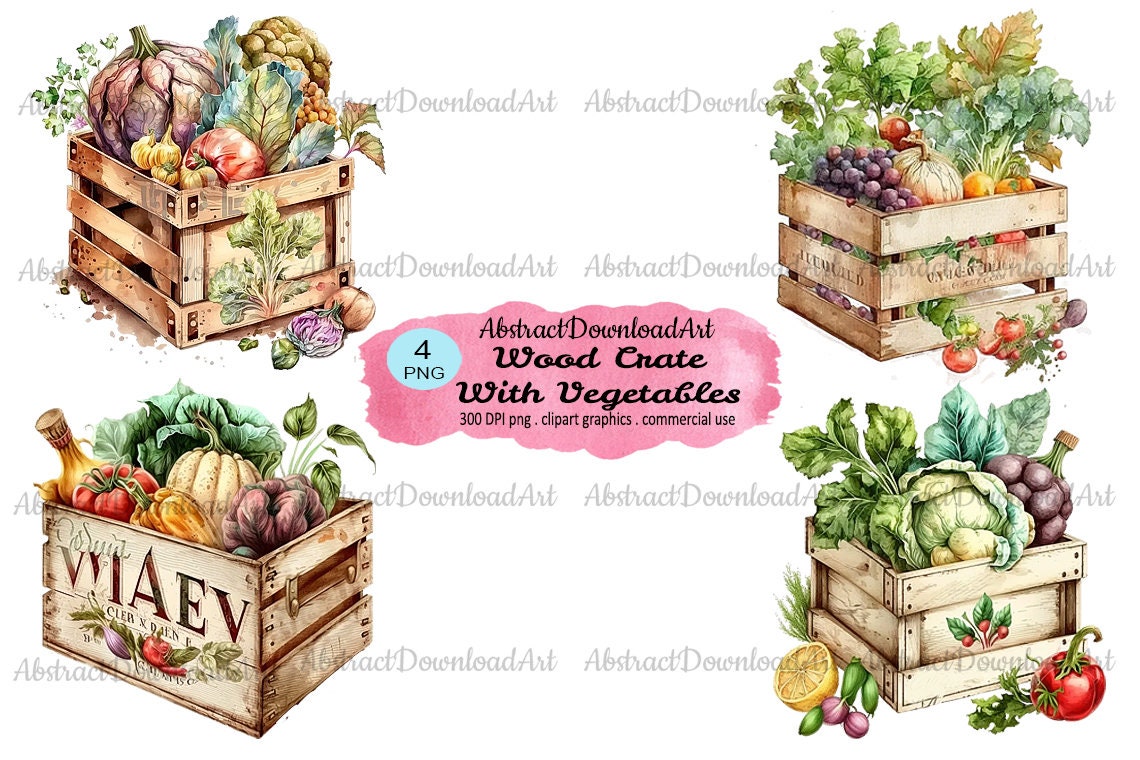 Wood Crate With Vegetables Clipart Digital Watercolor Greens