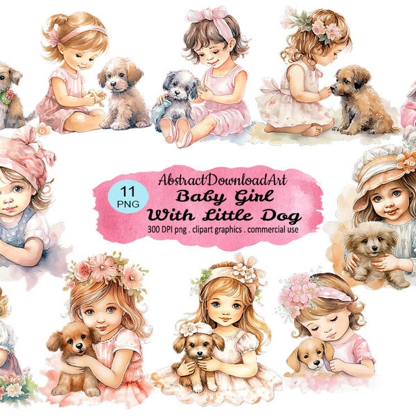 Baby Girl With Little Dog clipart - adorable baby girl and puppies digital watercolor png format instant download graphic for commercial use