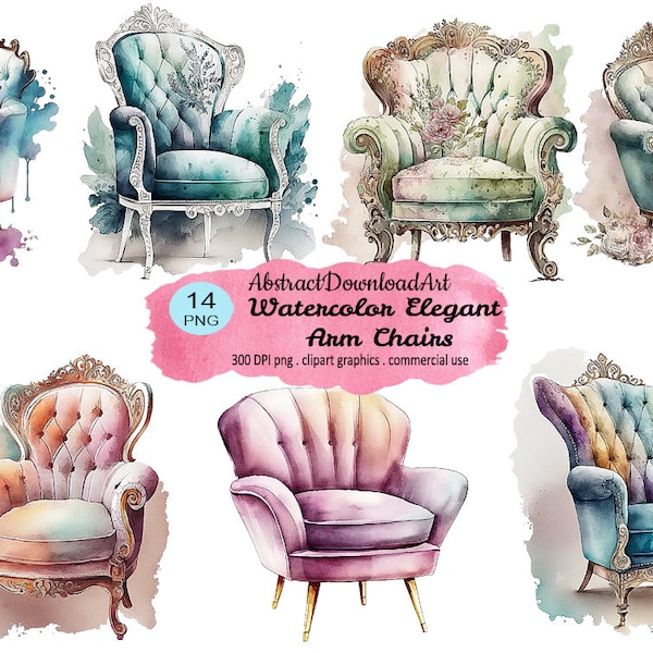 Elegant Armchairs clipart - fantastic luxury arm chair digital watercolor png format instant download graphics for commercial use