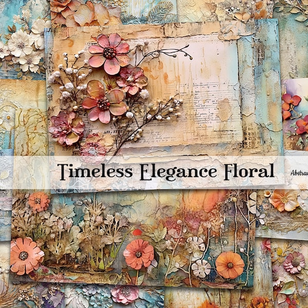 Timeless Elegance Floral Mixed Media Fabric Textures Full Page Digital Papers Junk Journal Decoupage Collage Papers Scrapbook Commercial Use