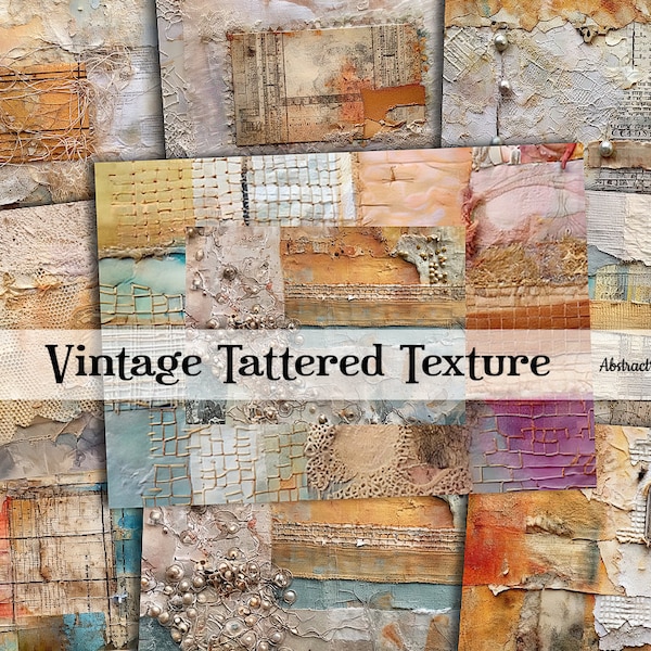 Vintage Tattered Texture Mixed Media Fabric Textures Full Page Digital Papers Junk Journal Decoupage Collage Papers Scrapbook Commercial Use