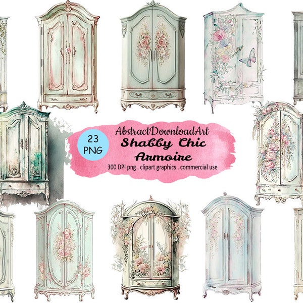 Shabby Chic Armoire clipart - floral wardrobe cute closet digital watercolor png format instant download graphics for commercial use