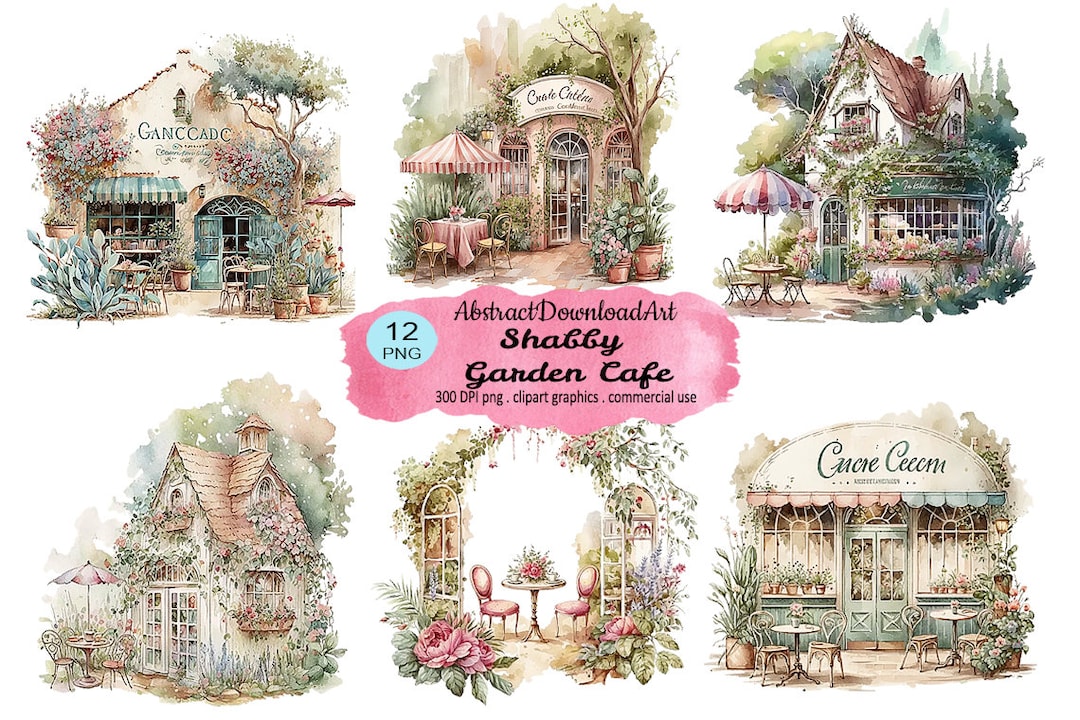 Shabby Garden Cafe Clipart Romantic Cozy Coffee Shop Digital Watercolor
