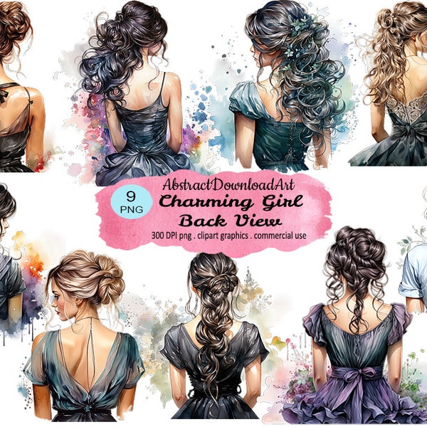 Charming Girl Back View Clipart - attraktive Dame Mädchen Side Look, digitales Aquarell png format sofortiger Download Grafiken kommerzielle Nutzung