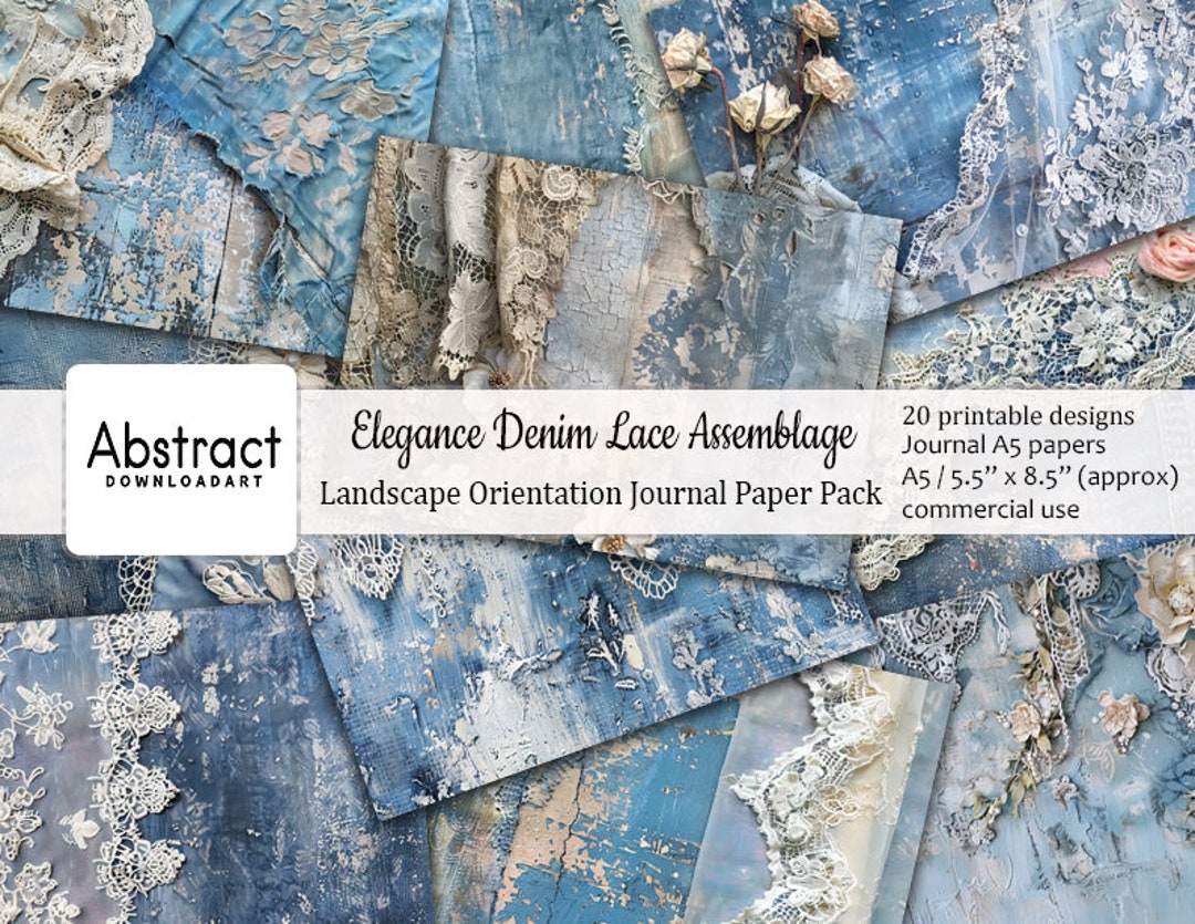Elegance Denim Lace Assemblage Printable Junk Journal Half Paper