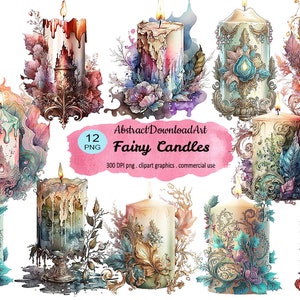 Fairy Candles clipart, aesthetic floral candle digital watercolor prints png format instant download graphics commercial use