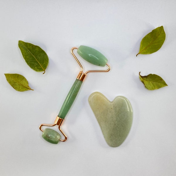 Ensemble de pierre Gua Sha et rouleau facial, boîte-cadeau d'auto-soin avec aventurine Outils de massage du visage faciles à utiliser