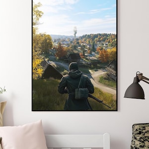 Escena inspirada en DayZ: un superviviente acercándose a un pueblo / Arte mural de alta calidad / Descarga instantánea