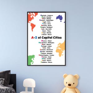 A-Z Hauptstadt Alphabet Poster | Geographie-Druck für Kinder | Bunte Klassenzimmer Wandkunst | Sofort PDF Download (A1 skalierbar)