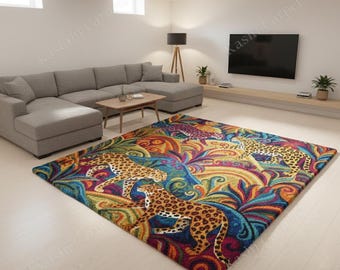 Hand-Tufted Wool Leopard Rug, Round Cottage Core Floral Meadow Design