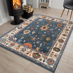 Hand-Knotted Rug Teel Blue 8x10 Oushak Rug: Wool Floral Area Rugs