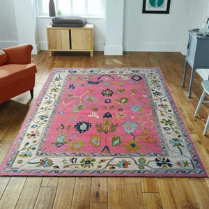Hand-Knotted Pink 8x10 9x12 Oushak Rug: Wool Floral Area Rug Handmade  rugs
