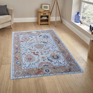 8x10 9x12 Hand-Knotted Camal & Blue Oushak Rug: Wool Floral Modern Area Rugs for Bedroom