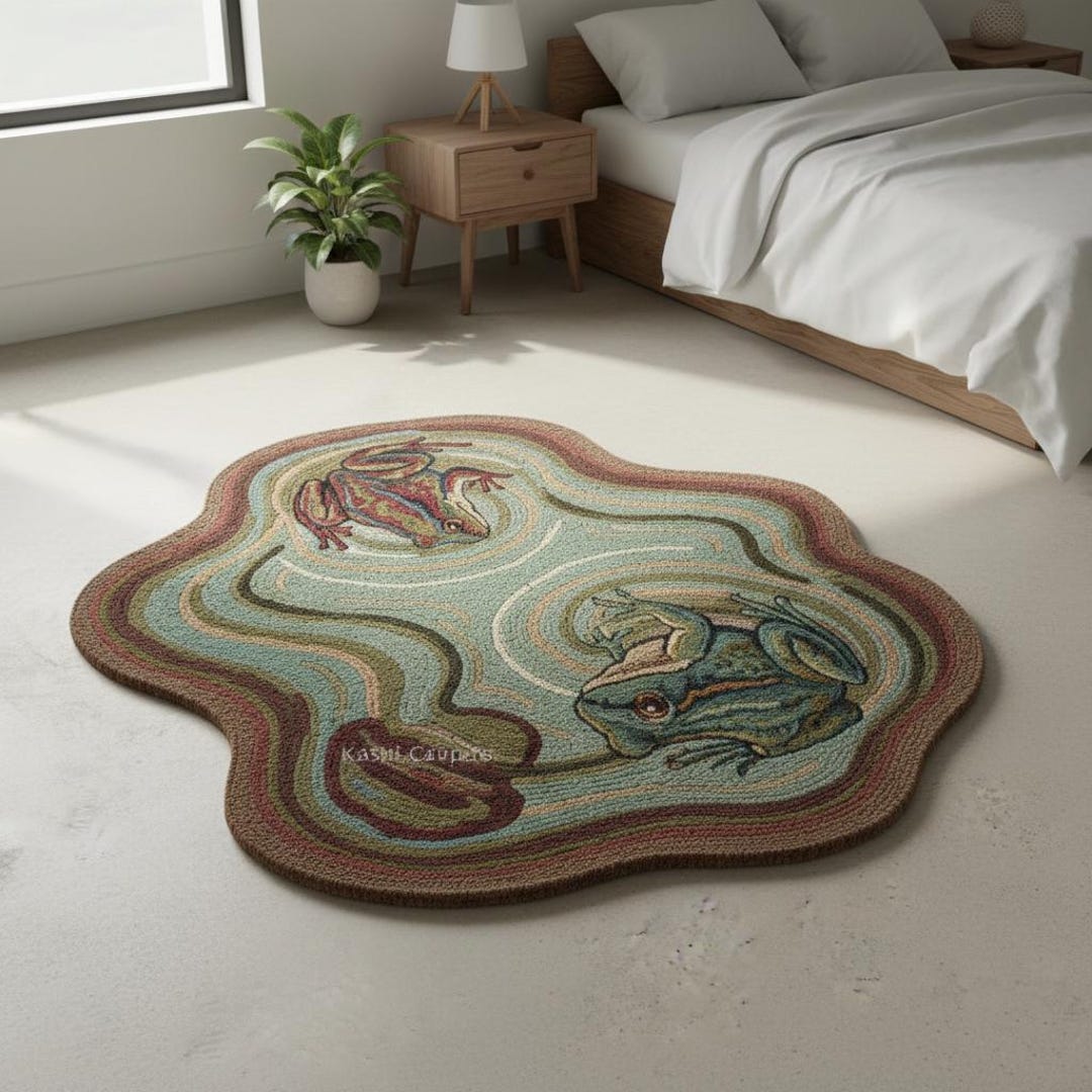 Hand Tufted Wool FROGS Rug, Natural Blue & Green, Modern Nursery Carpet ...