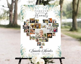 Greenery heart funeral collage welcome sign photo template, Memorial service sign Celebration of life Greenery memorial heart collage poster