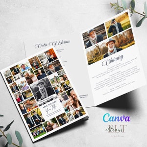 Modello di programma per collage funebre Foto semplice Programma di necrologio Programma commemorativo Programma funebre pieghevole stampabile per servizio funebre, CANVA