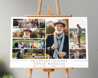 May include: A white memorial poster with a collage of photos of a man. The poster has the text "In Loving Memory David Morales Oct 18, 1962 - Marc 3, 2018".