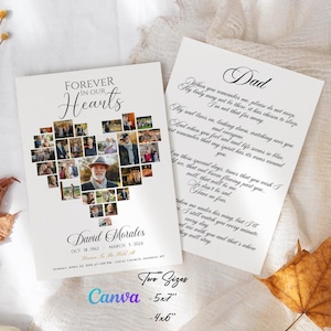 Peut inclure: Une carte commémorative avec un collage de photos en forme de cœur et le texte « Forever in Our Hearts ». La carte comprend le nom David Morales et des dates. Une deuxième carte contient un poème intitulé « Dad ». Des feuilles et des fleurs séchées sont disposées à proximité.