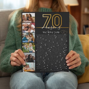 Schwarz 70 Gründe, warum wir dich lieben Foto Poster Vorlage, bearbeitbar und druckbar Personalisiertes 70er Geburtstagsgeschenk, DIY Geburtstagsgeschenk, CANVA