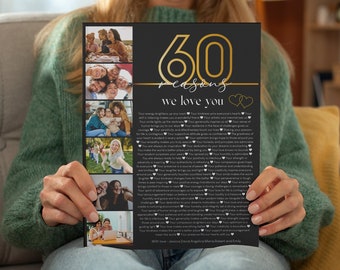 Può includere: Un poster stampabile in bianco e nero con un numero 60 dorato e il testo "60 motivi per cui ti amiamo". Il poster presenta un collage di foto di persone.