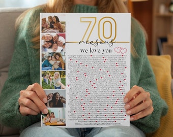 70 Reasons Why We Love You Photo Poster Template, Editable and Printable Personalized 70th Birthday Gift ,DIY Birthday Gift, Canva Template