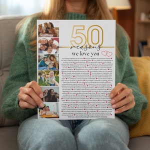 50 Gründe, warum wir Sie lieben Foto-Poster-Vorlage, bearbeitbare und druckbare personalisierte 50. Geburtstagsgeschenk, DIY-Geburtstagsgeschenk, CANVA-Vorlage