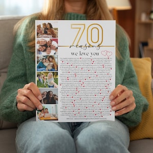 Plantilla de póster fotográfico con 70 razones por las que te amamos, regalo de cumpleaños número 70 personalizado, editable e imprimible, regalo de cumpleaños DIY, plantilla CANVA