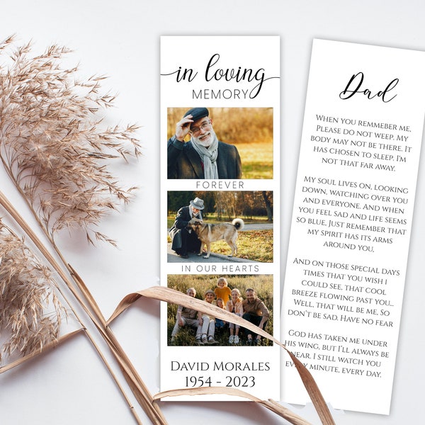 Funeral Bookmark Template, 3 Photos Collage Funeral Bookmark ,Minimal , In loving Memory of, Celebration of Life Announcement F25