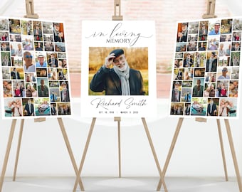 May include: Three memorial signs on wooden easels. The center sign reads "In Loving Memory" above a photo of a man, with the name "Richard Smith" and dates below. The other two signs display collages of photos.