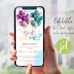 Digital Gender Reveal Invitation Template,Blue and Pink Baloons , She or He , Boy or Girl , Editable  Baby Gender Reveal Party İnvitation.