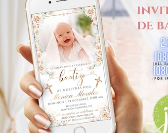 invitación de bautizo digital con flores, Invitaciones Bautizo, Bautizo Invitation In Spanish, Sencilla Invitación de Bautismo con Foto