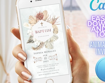 Boho Baptism Video Invitation,  Christening Invite Template, Instant Download, Editable Animated Baptism Invite, Baptism Evite - B7 -