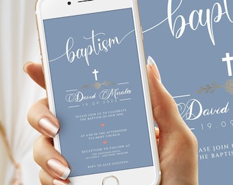 Dusty Blue Baptisim Phone Invitation Template, Digital Baptism Invitation ,Blue Baptism Invite , Christening Evite Boy, Baptism Evite