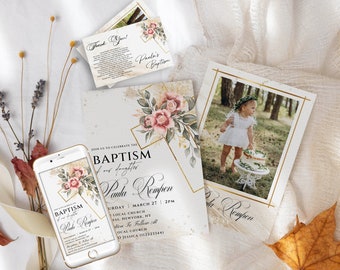 May include: A set of baptism invitations with a floral design and gold accents. The invitations feature a watercolor illustration of pink roses and greenery, a gold geometric frame, and the text "Baptism of our daughter Paula Raypen". The invitations also include the date, time, and location of the baptism.