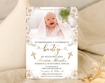 Invitación de bautizo con foto, Invitación de bautizo con flores, Invitación de bautizo en español, Invitación de bautizo sencilla con fotos