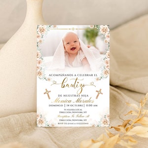 Invitación de bautizo con foto, Invitación de bautizo con flores, Invitación de bautizo en español, Invitación de bautizo sencilla con fotos