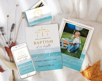 May include: Baptism invitation suite featuring a watercolor design with gold crosses and text. Includes invitations, thank you cards, and a phone mockup. The invitation reads "Join us to celebrate the baptism of our daughter Noah Case."