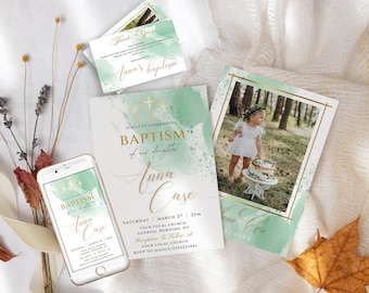 May include: A baptism invitation with a watercolor background in shades of green and gold. The invitation features a photo of a young girl in a white dress holding a cake. The text on the invitation reads "Join us to celebrate the baptism of our daughter Anna Case. Saturday, March 27, 2PM. Your Local Church. Address, New York, NY. Reception to follow at your local church. RSVP to Jessica 0122233444."