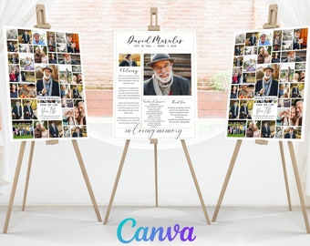 May include: Three white poster boards on wooden easels, displaying a photo collage and a memorial service programme for David Morales. The programme includes an obituary, order of service, and a thank you section. The text reads "David Morales, Oct 18, 1943 - March 5, 2018, in loving memory."