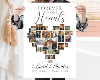May include: A white memorial print held by a person, featuring a heart-shaped collage of photos. The print includes the text "FOREVER IN OUR HEARTS" and the name "David Morales" with birth and death dates.