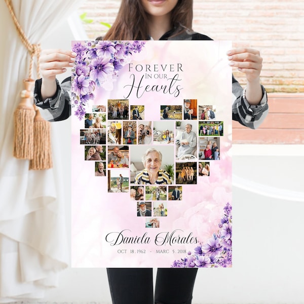 Purple Heart Funeral welcome sign photo collage template, Celebration of life, memorial service, purple memorial heart collage poster F36