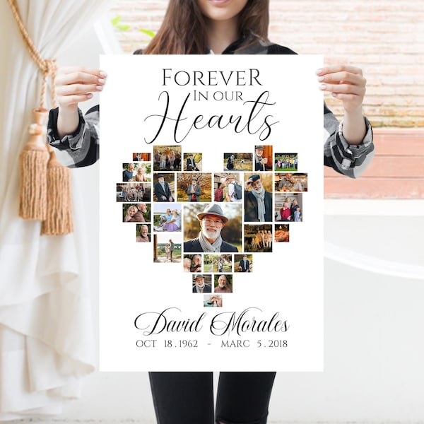 Heart Funeral welcome sign photo collage template, memorial service sign, Celebration of life, funeral memorial poster heart, funeral sign