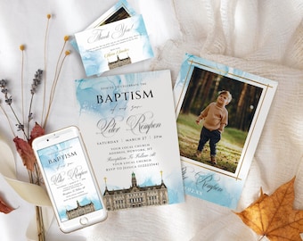 May include: A blue and white watercolor invitation for a baptism with a photo of a young boy in a brown sweater and black pants. The invitation includes the text "Baptism of our son Peter Rempen" and the date and time of the event.