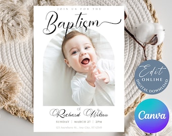 May include: White baptism invitation with a photo of a baby boy in a white onesie. The text reads "Join us for the Baptism of Richard Wilson, Sunday, March 27, 2PM, 123 Anywhere St., Any City, ST 12345".