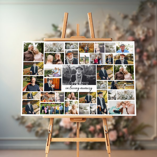 Funeral Photo Collage Welcome Sign, 3 Sizes (20''x16 - 24''x18'' - 36''x24'') 36 Photos, Collage Template, Storyboard Templates, Memorial