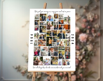 Välkomstskylt för begravningsfotokollage, 7 storlekar (20x16'' - 24x18'' - 30x20'' - 36x24'' - A1 - A2 - A3) 41 foton, collagemall, minnesmärke