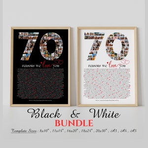 Póster con 70 razones por las que te amamos con plantilla de collage, regalo de cumpleaños número 70 imprimible para él o ella, regalo de cumpleaños con collage del número 70